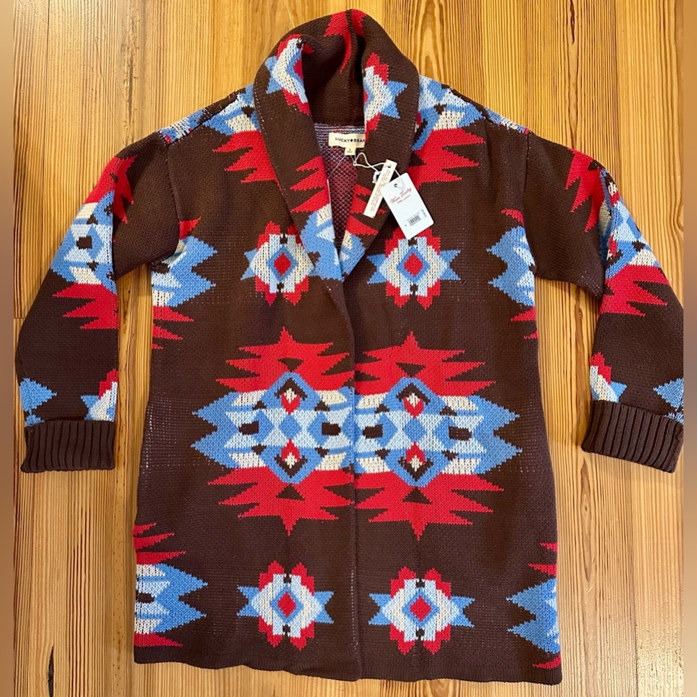 Lucky Brand Aztec Open Drape Cardigan Brown Red Blue Pockets M, L List $149